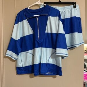 SHEIN Blue and Light Blue Striped Zip-Up Set
